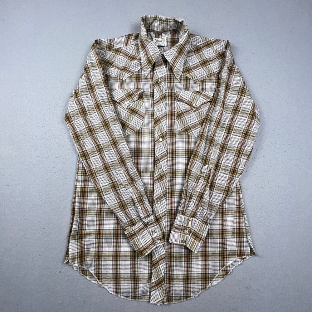H Bar C Western Shirt Women M Brown Plaid Pearl Snap Vintage California Ranch